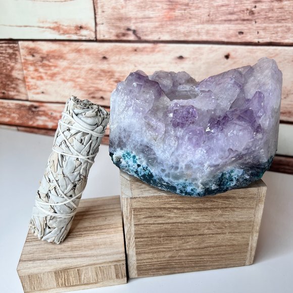 3 lb Amethyst and Sage Bundle | Healing Calming Candle Crystal Tea Light Holder - Picture 12 of 13
